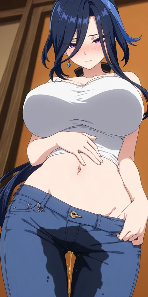 score_9, score_8_up, masterpiece, best quality, anime screencap, anime coloring, 1girl, tsurime, (mature:0.5), Clorinde \(Genshin Impact\), huge breasts, jeans, blush, jeans slip, wetting self, no hat, midriff, navel, denim