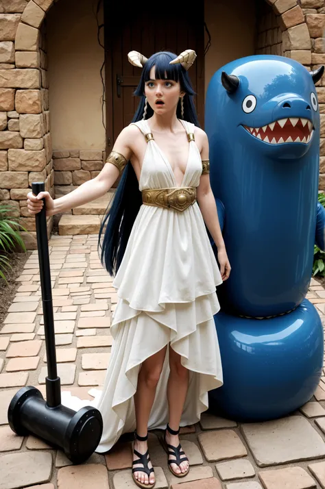 1girl, Saphir Maasa, 150cm, blunt bangs, very long hair, dark blue hair, blue eyes, hair tubes, horns,ancient Greek clothes, small breasts, sleeveless dress, white dress, armlet, belt, sandals, confused expression, being hit with a giant inflatable toy ham...