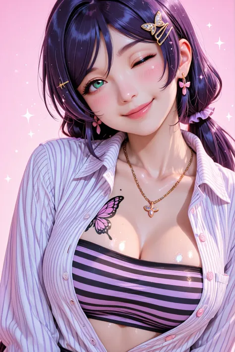 Love live,shiny skin,professional artwork, official artwork, toujo nozomi,tight clothes, casual posture, natural lighting, refreshing atmosphere, 1girl, solo, winking, one eye closed, smile, blush, striped shirt, collared shirt, open shirt, necklace, earr...