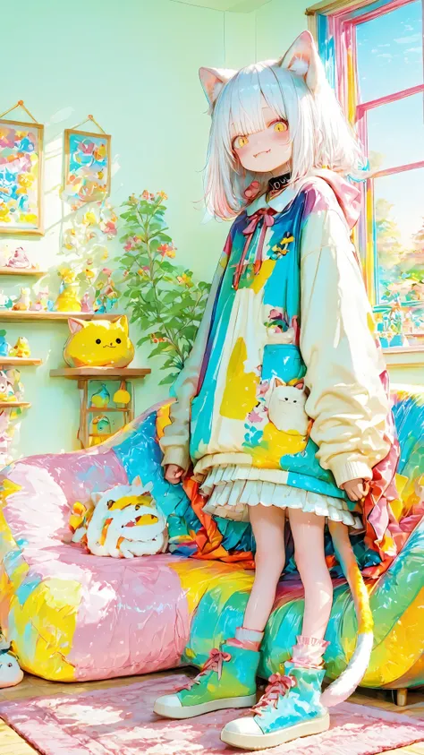 masterpiece, 8k, top quality, detail, High Resolution, digital painting, ultra detail, (detailed eyes:1.2), (sharp eye:1.1), (smooth skin in front of my sister:1.1), (glossy skin:1.2), anime girl with cat ears and tail, playful pose, Chasing a ball of yarn...