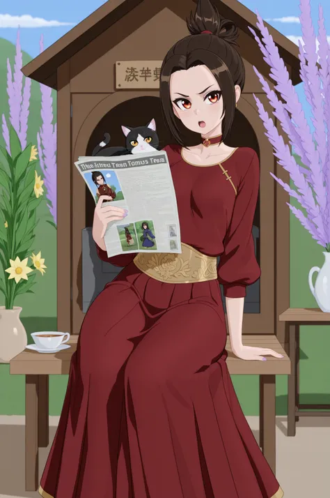 Azula , amber eyes . wavy dark brown hair strands above her shoulders. short hair. small breasts. huge hips. choker. |An Absurd Photo — surreal domestic scene that playfully defies logic and everyday expectations. In the center of a neatly trimmed suburba...