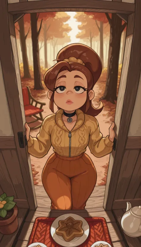 Luan Loud. small breasts, medium hips, slender body, brown hair ponytail, hair tie, long hair, black eyes. pink lips, choker . | The doghouse has been decorated like a miniature cottage — tiny windows with lace curtains, a little porch with a rocking chai...