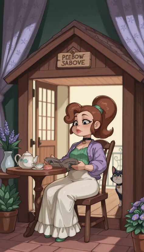 Luan Loud. small breasts, medium hips, slender body, brown hair ponytail, hair tie, long hair, black eyes. pink lips, choker . | An Absurd Photo — surreal domestic scene that playfully defies logic and everyday expectations. In the center of a neatly trim...