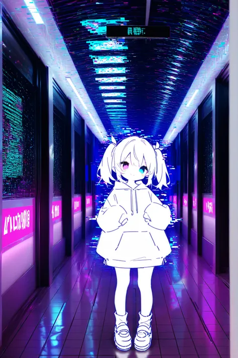404 not found personification, anime style, cute glitch spirit girl, pale translucent skin, short silver hair with digital noise, heterochromia (one pixel blue eye, one static glitch eye), oversized hoodie with “404” glowing text, slightly mischievous smil...