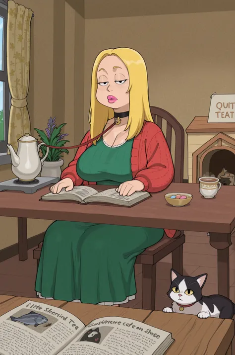 Francine Smith, looking at viewer, pink lipstick, choker, Blonde hair, huge saggy breasts. long hair. blonde hair, | An Absurd Photo — surreal domestic scene that playfully defies logic and everyday expectations. In the center of a neatly trimmed suburban ...