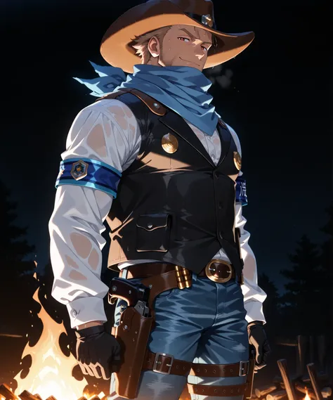 masterpiece, best quality, amazing quality, absurdres, 1boy, solo, source_anime, anime_screencap,

Side view,

mature male, (very short hair, light-brown hair), dark-red eyes, (facial stubble, beard), muscular body,

(White wide-brim cowboy hat), badges, (...