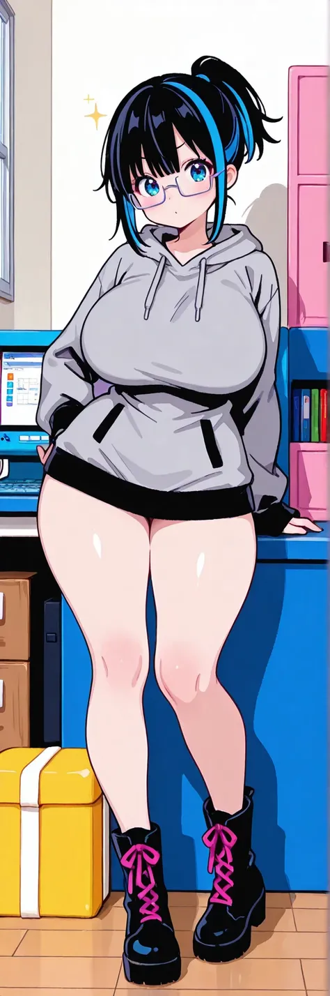 1girl,
score_9, absurdres,

from_front, full_body,

well_proportioned, voluptuous, big_breast, (thick_thighs:1.0), fair_skin,

gray_hoodie, (square_glasses:1.5), mini_boots, pink_lace_up,

blue_eyes,
black_hair, blue_streaked_hair, short_ponytail,
small_fa...