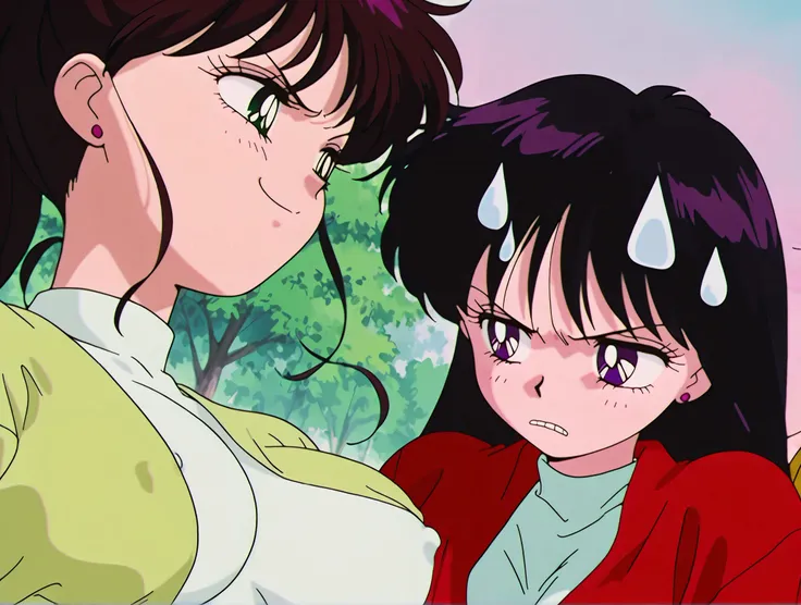 masterpiece, amazing quality, best quality, ultra-detailed, 8K, illustration, clear skin, ultra-detailed-eyes, soft skin, very awa, very as2, soft body, 1990s \(style\), official art,sweet, hino rei, black hair, long hair, purple eyes, parted bangs, angry,...