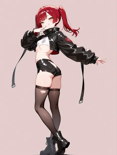 masterpiece, best quality, 1 girl, standing, whole body, mesugaki, smile, red hair, bangs, twintails, golden eyes, small breasts, medium ass, medium thighs, white crop sleevless top, black hotpants, ripped black garter stocking, A loose-fitting black jacke...