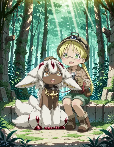(masterpiece), (best quality), highres, anime style, illustration, made in abyss, riko (made in abyss), faputa (made in abyss), 2girls, duo, full body, outdoor, ancient forest, jungle, ruins, moss, stone pillars, dappled sunlight, light rays, cinematic lig...
