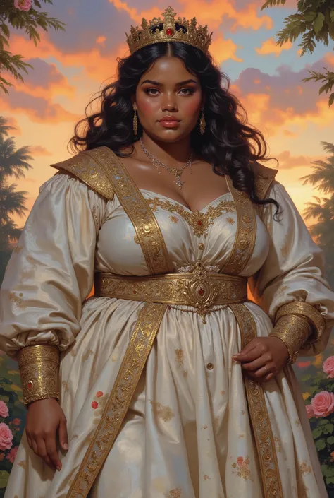 fat big large overweight heavy feminine beautiful young woman with chubby face dark brown tan tanned skin color and black eyes, (((long black curly side-parted hair))), (((black hair))), (((brown skin))), (((brown-skinned))), (((dark brown skin))), (((brow...