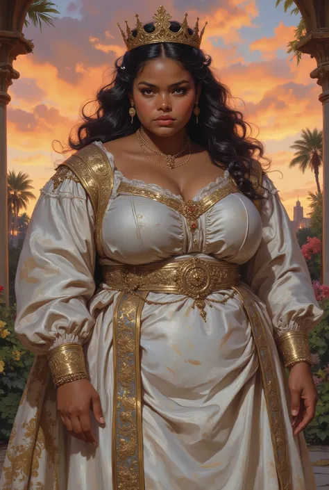 fat big large overweight heavy feminine beautiful young woman with chubby face dark brown tan tanned skin color and black eyes, (((long black curly side-parted hair))), (((black hair))), (((brown skin))), (((brown-skinned))), (((dark brown skin))), (((brow...