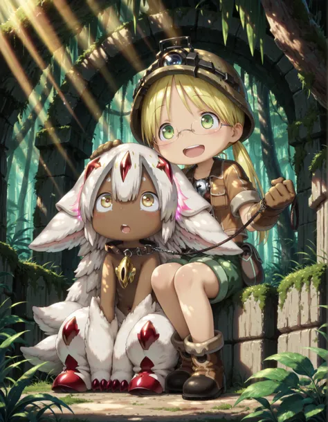 (masterpiece), (best quality), highres, anime style, illustration, made in abyss, riko (made in abyss), faputa (made in abyss), 2girls, duo, full body, outdoor, ancient forest, jungle, ruins, moss, stone pillars, dappled sunlight, light rays, cinematic lig...