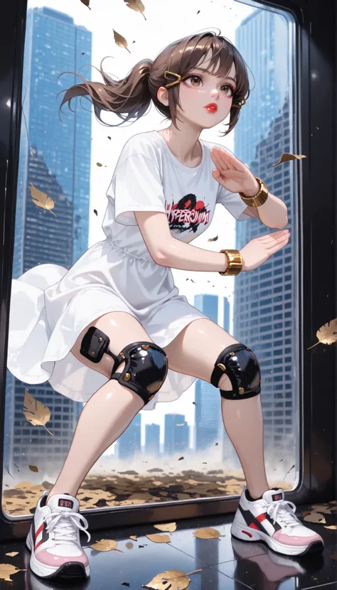 ((RAW Photo), Absurdities, (Absurd Resolution)), ((Hyperrealism, Photorealism)), (Maximum Quality, 16k, Masterpiece, Ultra Detailed) (beautiful girl, 21 years old), (sharp pupil, brown eye), (brown hair, ponytail, gold tube clips), (made-up, red lips), (ou...