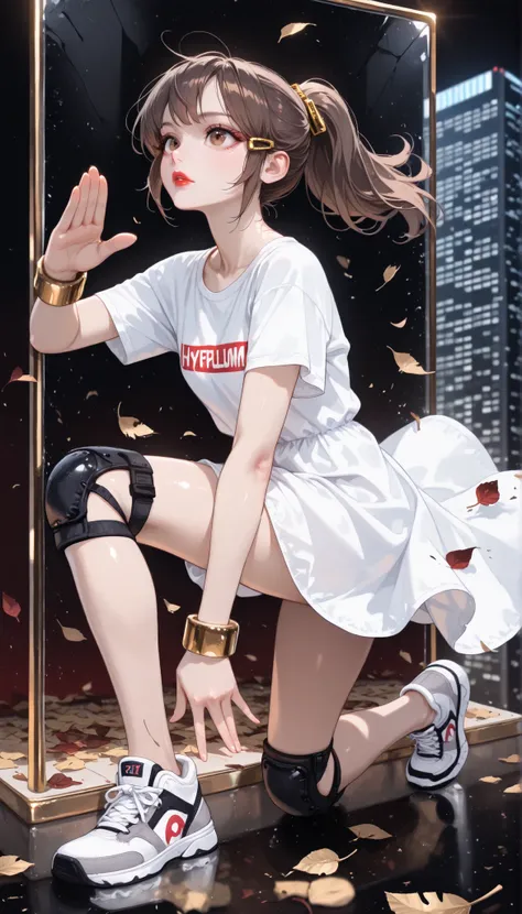 ((RAW Photo), Absurdities, (Absurd Resolution)), ((Hyperrealism, Photorealism)), (Maximum Quality, 16k, Masterpiece, Ultra Detailed) (beautiful girl, 21 years old), (sharp pupil, brown eye), (brown hair, ponytail, gold tube clips), (made-up, red lips), (ou...