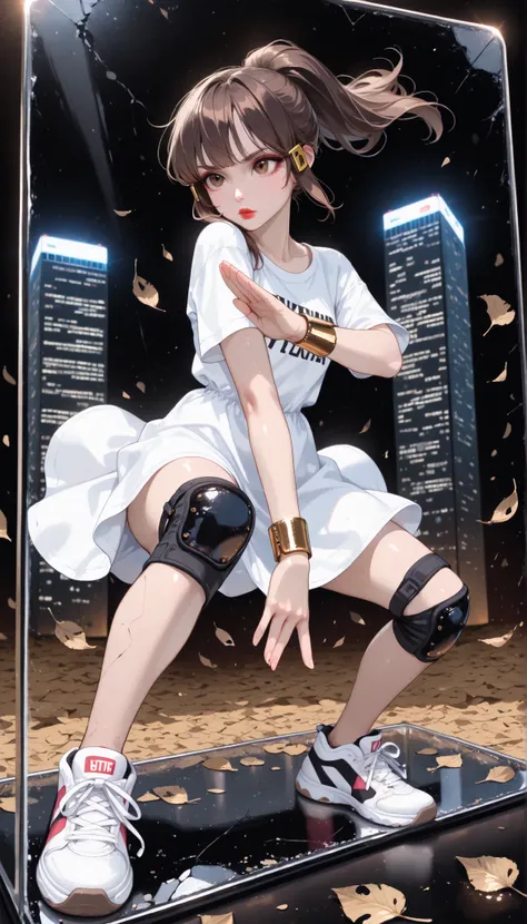 ((RAW Photo), Absurdities, (Absurd Resolution)), ((Hyperrealism, Photorealism)), (Maximum Quality, 16k, Masterpiece, Ultra Detailed) (beautiful girl, 21 years old), (sharp pupil, brown eye), (brown hair, ponytail, gold tube clips), (made-up, red lips), (ou...