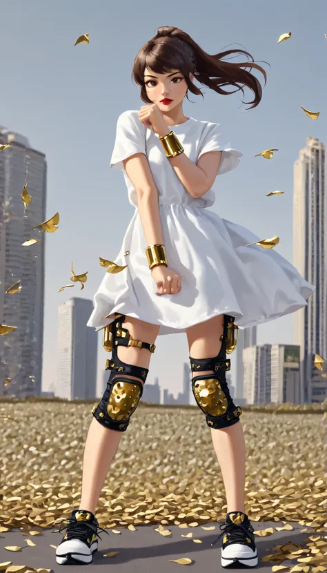 ((RAW Photo), Absurdities, (Absurd Resolution)), ((Hyperrealism, Photorealism)), (Maximum Quality, 16k, Masterpiece, Ultra Detailed) (beautiful girl, 21 years old), (sharp pupil, brown eye), (brown hair, ponytail, gold tube clips), (made-up, red lips), (ou...