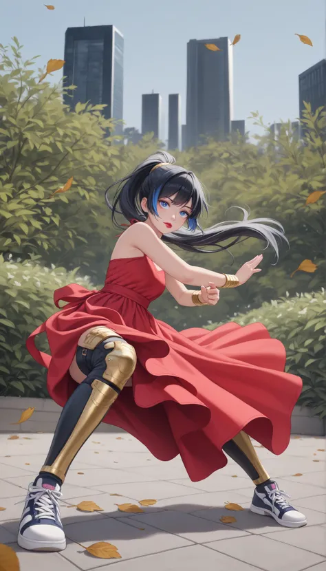 ((RAW Photo), Absurdities, (Absurd Resolution)), ((Hyperrealism, Photorealism)), (Maximum Quality, 16k, Masterpiece, Ultra Detailed) (beautiful girl, 21 years old), (sharp pupil, blue eye), (black hair, highlights, ponytail, gold tube clips), (made-up, red...