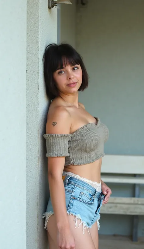 A young, light-skinned woman, likely in her teens or early twenties, is positioned slightly off-center, leaning against a light gray concrete pillar.  She is facing the camera, and her expression is neutral.  Her hair is short and dark brown.  She has a sm...