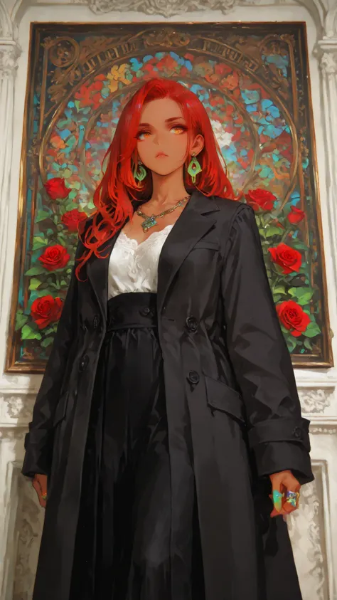 A stunning portrait of a beautiful woman, artistically drawn and meticulously detailed. A midi-length skirt and tailored jacket are the perfect winter trend.

An elegant red-haired girl (adult female) (tanned skin, long crimson hair), orange eyes, perfectl...