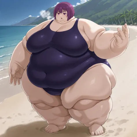 Shion, 1girl, short hair, purple hair, purple eyes, bangs, swimsuit, beach, breasts, fat, chubby, obese, fat neck, multiple chins, big breasts open mouth, out of breath, Larger female, full body shot, only head, large head, oversized limbs, large hands, la...