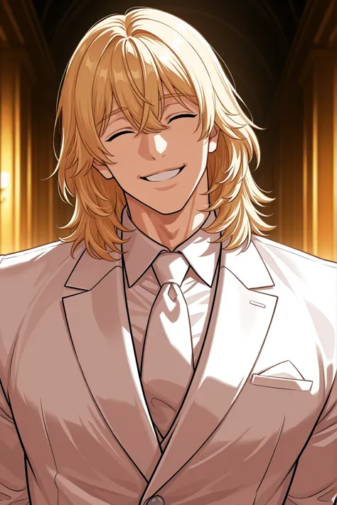 1 male, alone, handsome, muscular, medium hair, blonde hair, bangs between the eyes, happy squinting closed eyes, playful smile, niceful impression, fake, white suit, head up, upper body, looking at viewer, boss vibes, mafia scenery