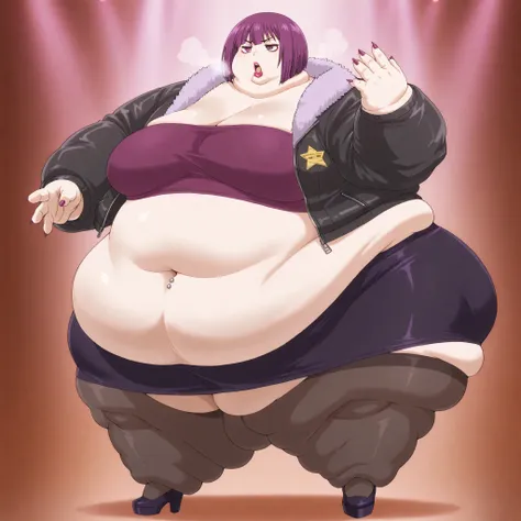 Shion, 1girl, short hair, purple hair, purple eyes, bangs, furr jacket, tube top, midriff, belly button piercing, skirt, stockings, high heels, long nails, makeup, lipstick, breasts, fat, chubby, obese, fat neck, multiple chins, big breasts open mouth, out...