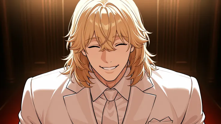 1 male, alone, handsome, muscular, medium hair, blonde hair, bangs between the eyes, happy squinting closed eyes, playful smile, niceful impression, fake, white suit, head up, upper body, looking at viewer, boss vibes, mafia scenery