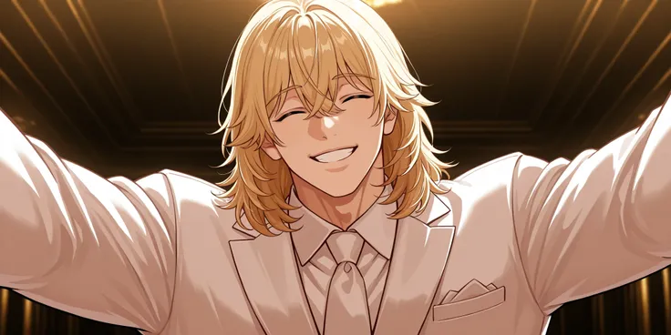 1 male, alone, handsome, muscular, medium hair, blonde hair, bangs between the eyes, happy squinting closed eyes, playful smile, niceful impression, fake, white suit, head up, upper body, looking at viewer, boss vibes, mafia scenery