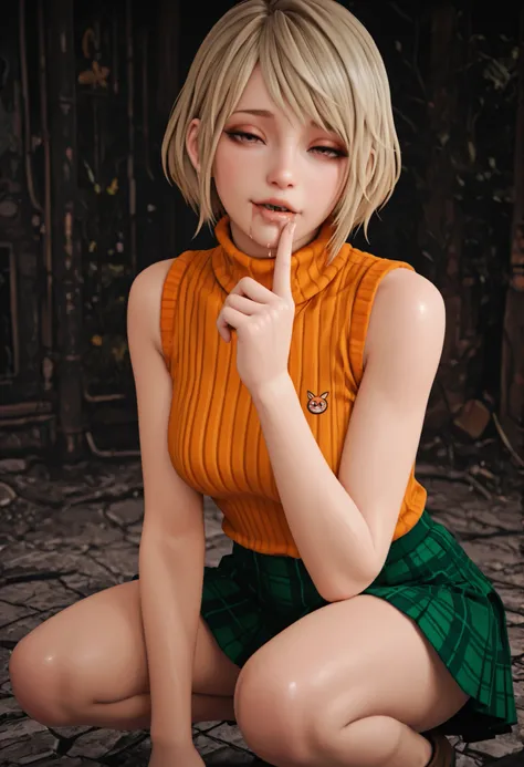 1girl, 3d, re4r_ashley,short hair,blonde hair, sleeveless turtleneck, orange turtleneck, looking at viewer, half closed eyes, finger on lips, green short skirt,plaid skirt, drool, squatting
