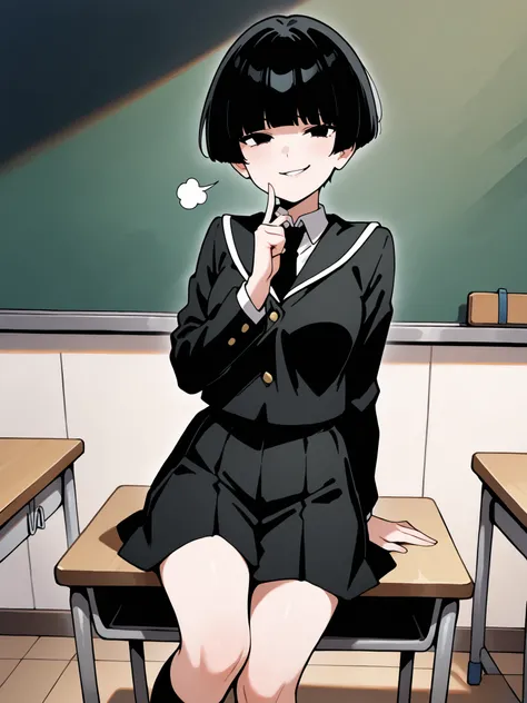 solo, 1woman, female, (((short black hair))), Bowl cut with bangs that hang over her eyes, smug smirk, smug expression, wearing a black school uniform, sitting on a desk in an empty classroom, (ultra quality:1.3), masterpiece, (highly detailed), best quali...