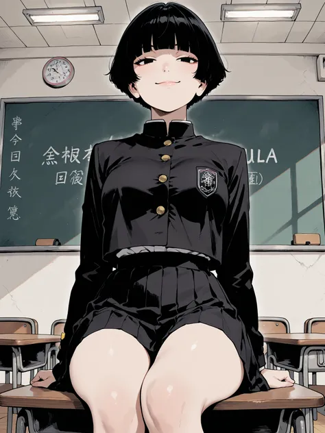 solo, 1woman, female, (((short black hair))), Bowl cut with bangs that hang over her eyes, smug smirk, smug expression, wearing a black school uniform, sitting on a desk in an empty classroom, (ultra quality:1.3), masterpiece, (highly detailed), best quali...