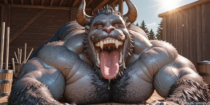 hairy, Krampus, has horns，chubby,  thick arms ， strong muscles ，chubby face， Black eyebrows，sky blue eyes，beard， ironic smile ,      chest and belly     ,  ，lie down， Sunlight ,    , opens his big mouth and sticks out his thick and wide tongue,  tongue wit...