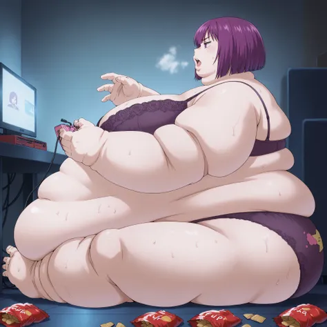 Shion, 1girl, short hair, purple hair, purple eyes, bangs, bra and panties, sitting on floor, playing video games, breasts, fat, chubby, obese, fat neck, multiple chins, big breasts open mouth, out of breath, Larger female, full body shot, only head, large...