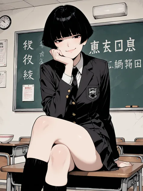 solo, 1woman, female, (((short black hair))), Bowl cut with bangs that hang over her eyes, smug smirk, smug expression, wearing a black school uniform, sitting on a desk in an empty classroom, (ultra quality:1.3), masterpiece, (highly detailed), best quali...