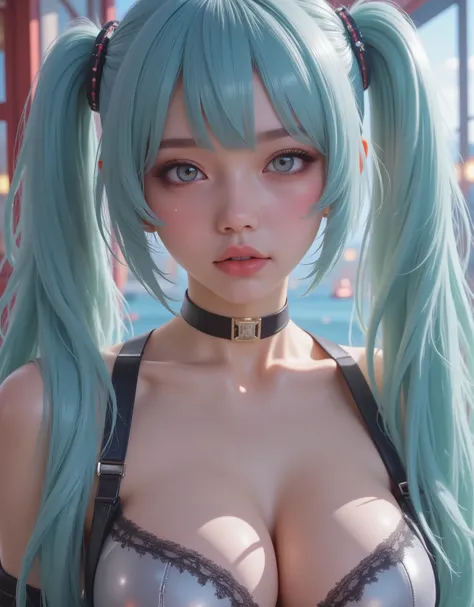 close up (hyperrealistic) The ((Hatsune Miku)),rostro hermoso,hair ((verThe esmeralda)),((very long twin pigtails)),eyes granThes,eyes ((verThe esmeralda ultraThetallados)),Thetalles finos en el rostro,pestañas largas y Thefinidas,textura realista The piel...