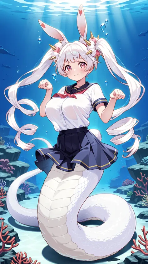1 female, big boobs,malice pawn white rabbit,White hair,double ponytail,school uniforms, skirt,Rabbit ears,masterpiece,HD,Very Beautiful,cute,absurd,(All five fingers ),lamia,Smile,shy,The lower half of the body is a white snake tail,Paw pose, full body p...