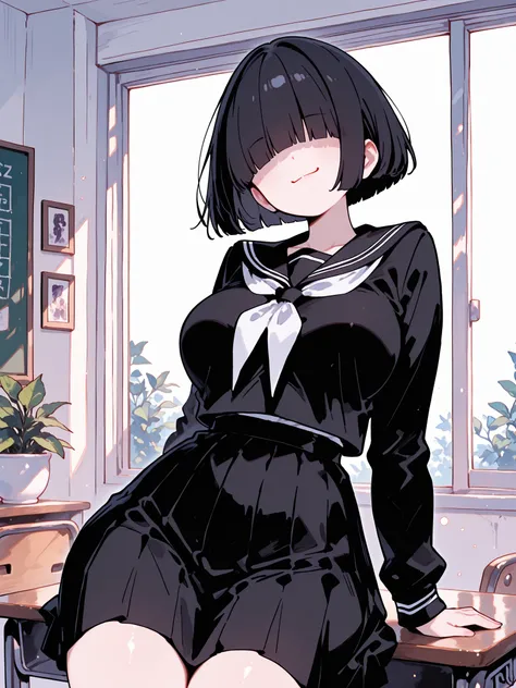 solo, 1woman, female, curvy, large breasts, large hips, (((short black hair))), Bowl cut with bangs that hang over her eyes, smug smirk, smug expression, wearing a black school uniform, sitting on a desk, (ultra quality:1.3), masterpiece, (highly detailed)...