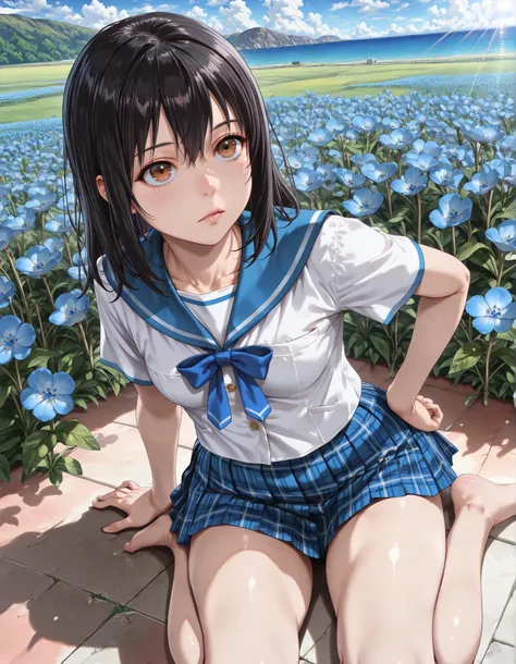looking up, from above, sitting, wariza,(1girl, solo:1.3), masterpiece,best quality,amazing quality, ((aayukina, brown eyes, black hair, school uniform, blue sailor collar, blue bow, white shirt, short sleeves, blue skirt, pleated skirt, plaid skirt)), ((m...