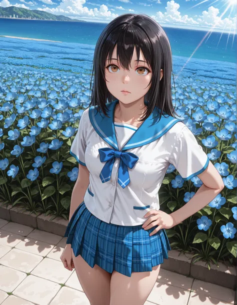 (1girl, solo:1.3), masterpiece,best quality,amazing quality, ((aayukina, brown eyes, black hair, school uniform, blue sailor collar, blue bow, white shirt, short sleeves, blue skirt, pleated skirt, plaid skirt)), ((mini skirt)),((thighs)), ((small breasts)...