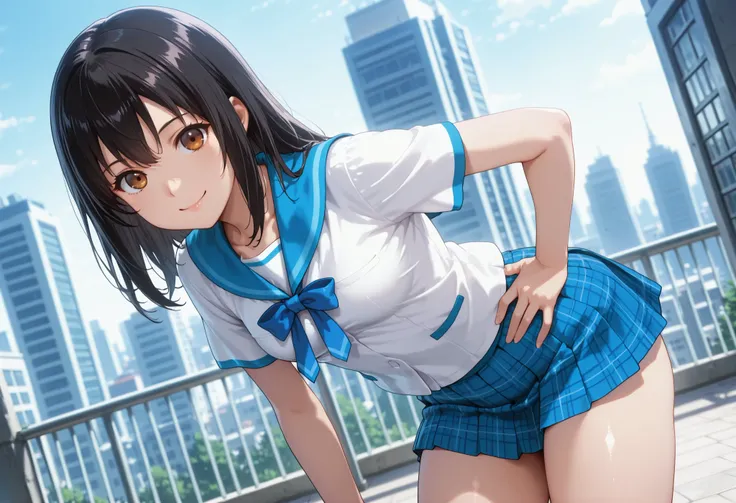 upper body, from below, 1girl, solo, looking at viewer, blurry background, cowboy shot, small chest,((aayukina, brown eyes, black hair, school uniform, blue sailor collar, blue bow, white shirt, short sleeves, blue skirt, pleated skirt, plaid skirt)), ((mi...