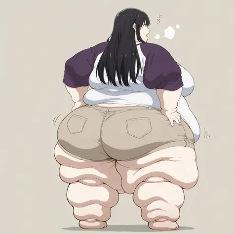 Naoka Ueno (character), Naoka (older appearance), long hair, 1girl, solo, black hair, long hair, shorts, raglan sleeves, from behind, casual, hand on own hip, serious expression, purple eyes,breasts, fat, chubby, obese, fat neck, multiple chins, big breast...