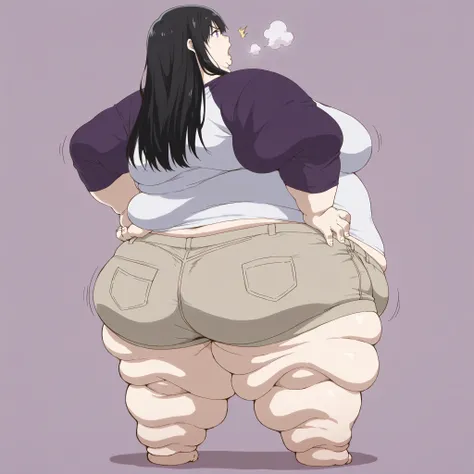 Naoka Ueno (character), Naoka (older appearance), long hair, 1girl, solo, black hair, long hair, shorts, raglan sleeves, from behind, casual, hand on own hip, serious expression, purple eyes,breasts, fat, chubby, obese, fat neck, multiple chins, big breast...