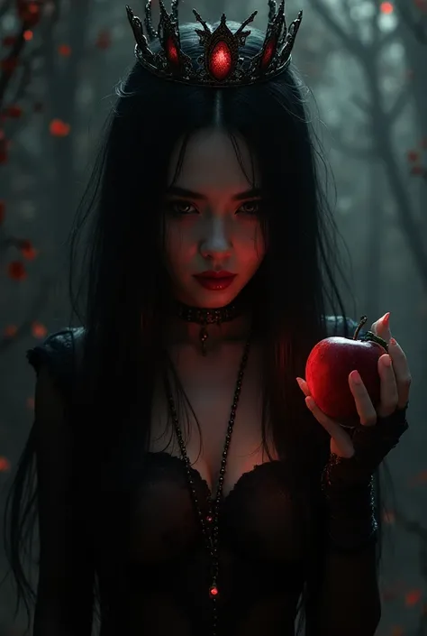 ((RAW Photo), absurd, (absurdresolution)), masterpiece, best quality, (Extremely detailed 8k unity CG wallpaper), (best illustration), (best shadow), Realistic lighting, beautiful detailed glow, ((21 years old)), girl, long black hair, black queen, accesso...