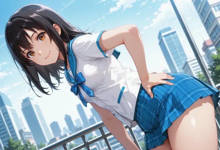 upper body, from below, 1girl, solo, looking at viewer, blurry background, cowboy shot, small chest,((aayukina, brown eyes, black hair, school uniform, blue sailor collar, blue bow, white shirt, short sleeves, blue skirt, pleated skirt, plaid skirt)), ((mi...