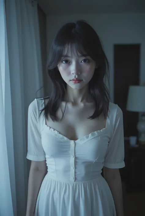 On the set of the horror movie、paint a beautiful yet creepy portrait of a Japanese actress. composition from the front, the direction of the body is straight, She has ghostly white skin and dark purple lips, It exudes an eerie vibe. Draw a beautiful yet cr...