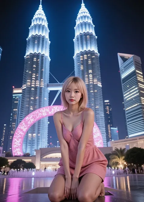 super realistic, Realistic, dramatic scene, Global Lighting, LED Lighting , (super cute and delicate Japanese girl, ), 「It's a vivid and fantastic background、Her hair is pastel.、sitting on a large ball The overall atmosphere was magical like a dream, Su...