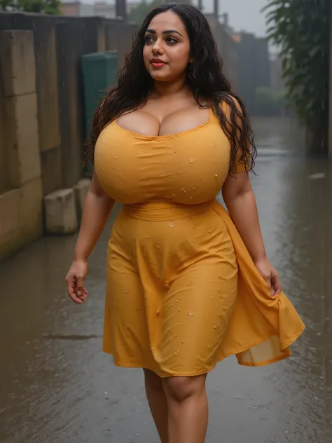 Busty indian curvy slim women wearing sleeveless yellow blouse and jeans shorts, walking in rain side profile