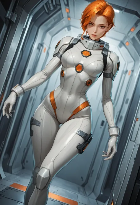 high resolution images, masterpiece, Highest Quality, amazing quality, official art, Highly detailed, Wallpaper, 1 girl, slender, wide hips, (slim thighs), A very attractive and slim woman wearing a tight spacesuit walks through the corridors of an abandon...