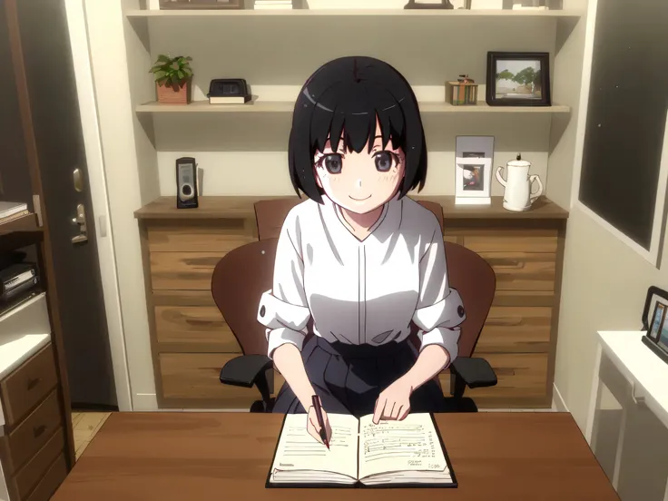 A desk with soft light shining in early in the morning、  
A woman with a lovely atmosphere quietly faces her notebook。  
loose fluffy bob hair、gentle expression holding a deer、warm smile。  
An open notebook on the desk、fountain pen、A mug is placed、  
symbo...